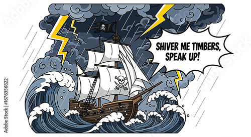 A pirate ship sailing through a stormy sea with lightning and rain.