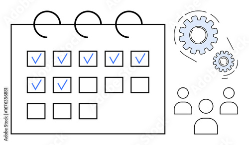 Calendar with marked tasks, gears representing workflow or processes, and people icons for team collaboration. Ideal for productivity, teamwork, scheduling, organization, workflow, deadlines simple
