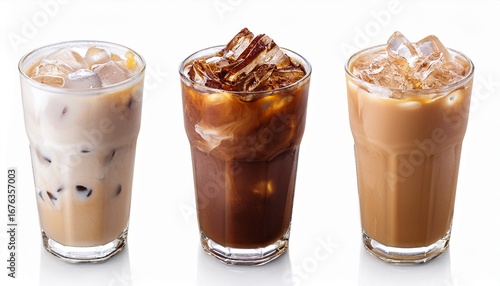 three iced coffee drinks white isolate background