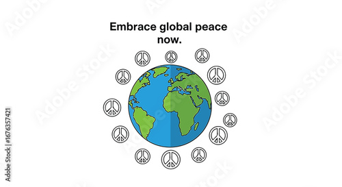 An illustration of the Earth globe surrounded by peace symbols with a message to embrace global peace now.