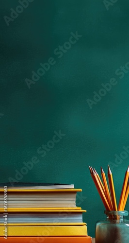 Stacked books and pencils near chalkboard; classroom learning
