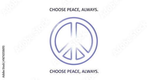 A peace symbol graphic design with the words "Choose Peace, Always" repeated above and below the symbol.