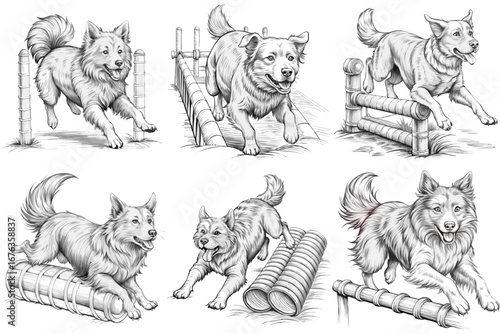 Dog agility course vector illustration with training obstacles