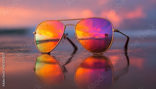 Wallpaper Mural Colorful sunset reflected in aviator sunglasses on wet sand Torontodigital.ca
