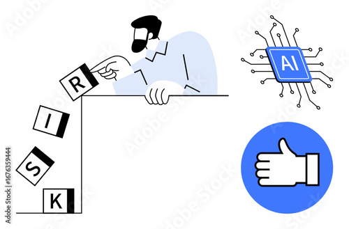 Man preventing falling risk blocks, blue AI chip, thumbs-up graphic. Ideal for risk management, technology, AI, innovation, solutions, decision-making simple landing page