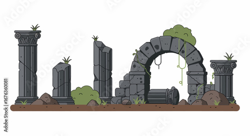 Ancient Stone Ruins with Arches and Pillars in Grayscale