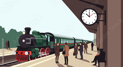 A timeless journey begins as travelers gather on a vintage station platform beside a classic steam train