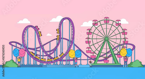 Vector illustration of a theme park landscape with carnival attractions like a roller coaster and observation wheel