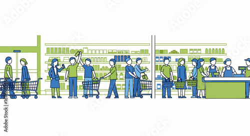 Busy supermarket scene with shoppers at checkout counters illustration