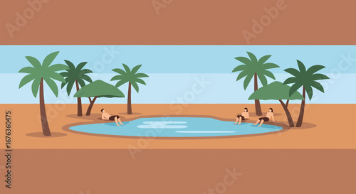 Relaxing Tropical Oasis A Scenic Illustration of People at a Pool and Palm Trees