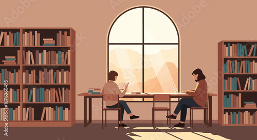 Two women studying diligently at a table in a sunlit university library filled with bookshelves and knowledge
