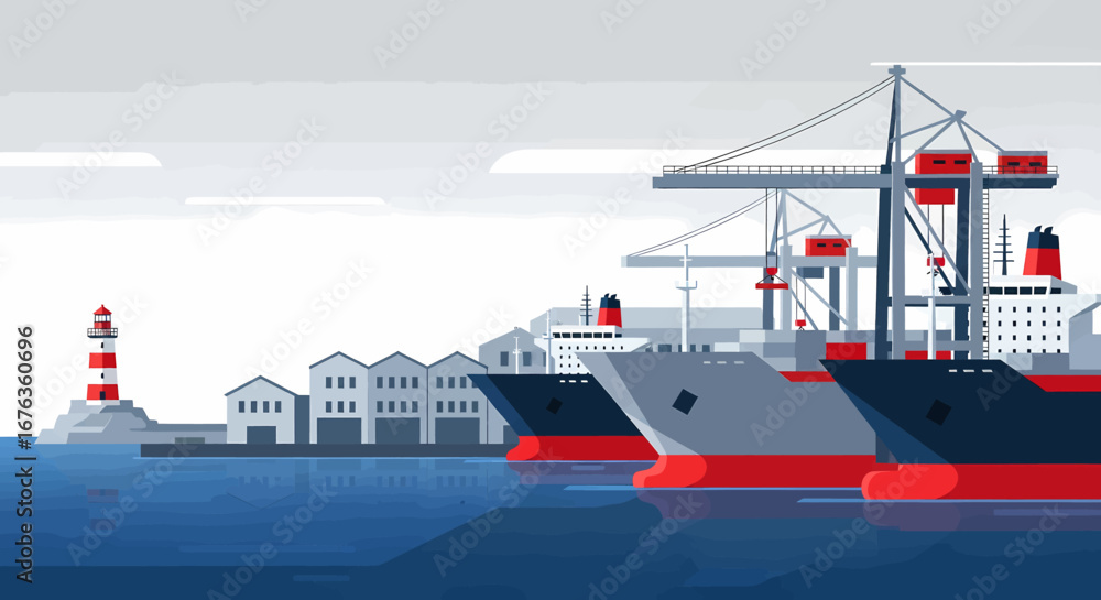 Fototapeta premium Shipping Port Illustration Cargo Ships at Dock with Cranes and a Lighthouse on a Sunny Day