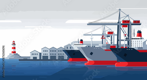 Shipping Port Illustration Cargo Ships at Dock with Cranes and a Lighthouse on a Sunny Day