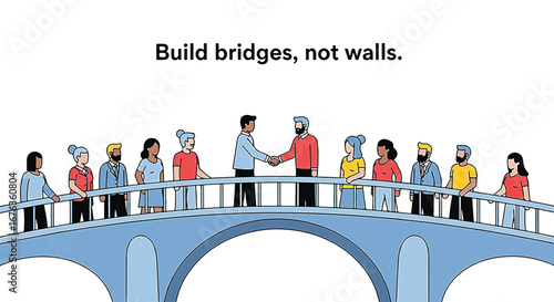 Diverse group of people standing on a bridge shaking hands, symbolizing unity and connection.