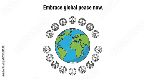 Illustration of a globe surrounded by peace symbols, promoting global peace and unity.