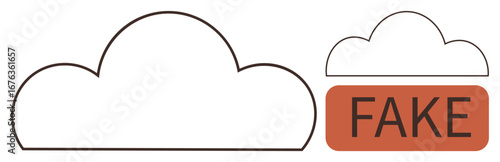 Cloud outline next to a label reading FAKE, symbolizing fake data, misinformation, or cloud authentication challenges. Ideal for technology, security, digital trust, fraud prevention, cloud storage