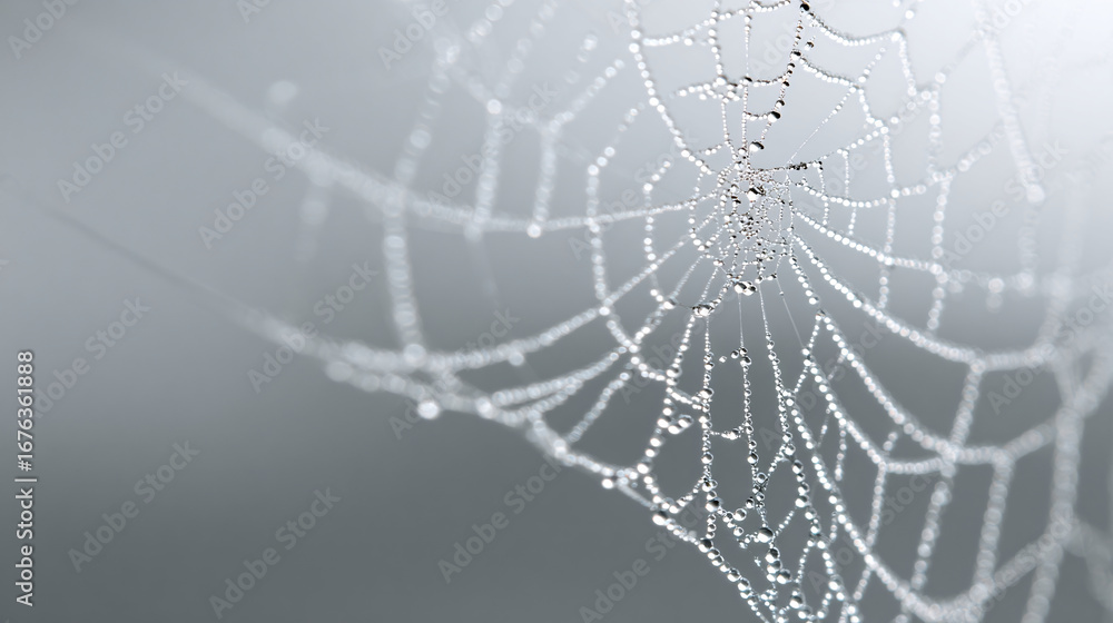 Fototapeta premium close-up of delicate spider web with fine dew-covered threads on soft misty grey background, crisp silk detail, minimalist spooky atmosphere with blank space