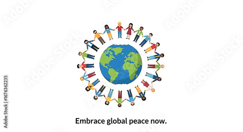 A diverse group of people hold hands in a circle around planet Earth, with the text 'Embrace global peace now' below.