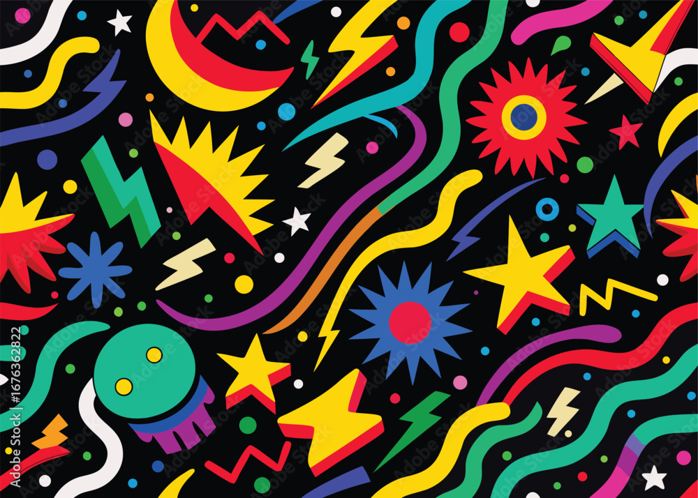 Obraz premium Vibrant and energetic abstract pattern featuring a whimsical collection of colorful celestial bodies stars lightning bolts and wavy lines on a dark background evoking a playful and cosmic theme