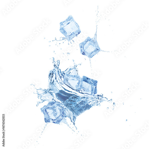 Ice cubes and splashing water on white background