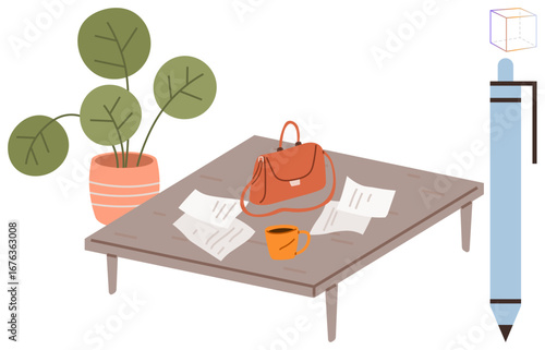 Handbag, scattered documents, coffee cup, potted plant, and pen near a wooden table. Ideal for organization, work-life balance, productivity focus creativity relaxed environment. Simple flat