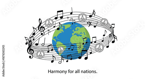 Global Harmony: Earth surrounded by musical notes and peace symbols, promoting harmony among nations.