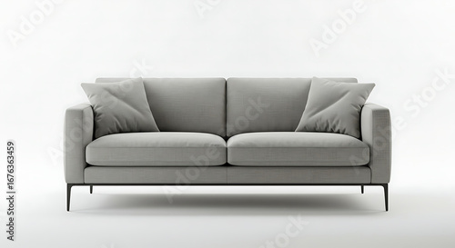 Modern Two-Seater Sofa with Pillows on a Seamless White Background for Minimalist Interior Design Concepts and Furniture Marketing Campaigns in