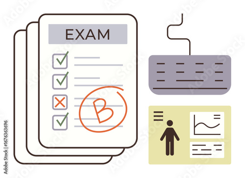Graded exam sheets with marks, a computer keyboard, and an infographic featuring data trends and demographics. Ideal for education, evaluation, e-learning, analytics, progress, strategy simple flat