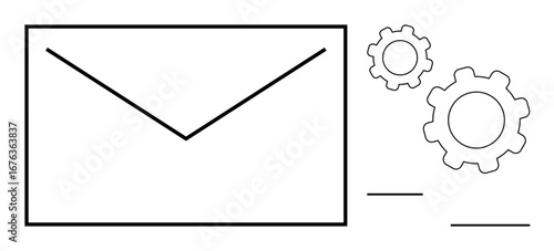 Envelope paired with gear shapes representing email automation, communication processes, and workflow. Ideal for messaging, marketing, productivity, system integration, app design, tech simple