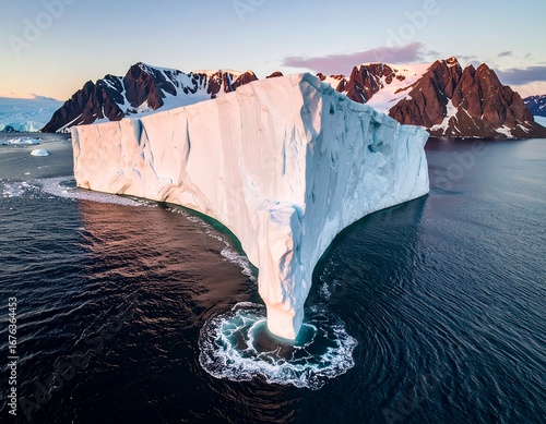 Aerial view of a massive iceberg at sunset