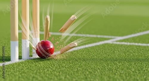 A cricket ball strikes the wickets, causing them to be dislodged from the ground on a green field.