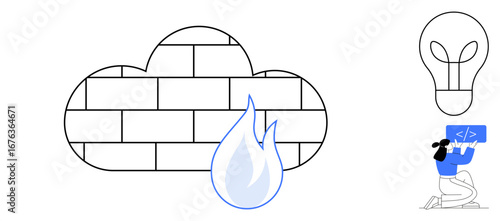 Brick-patterned cloud with a flame symbolizing security, a light bulb for innovation, and a person coding. Ideal for cybersecurity, networking, technology, software development, innovation