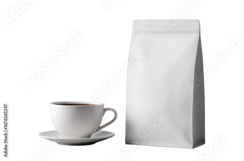 White coffee bag and cup