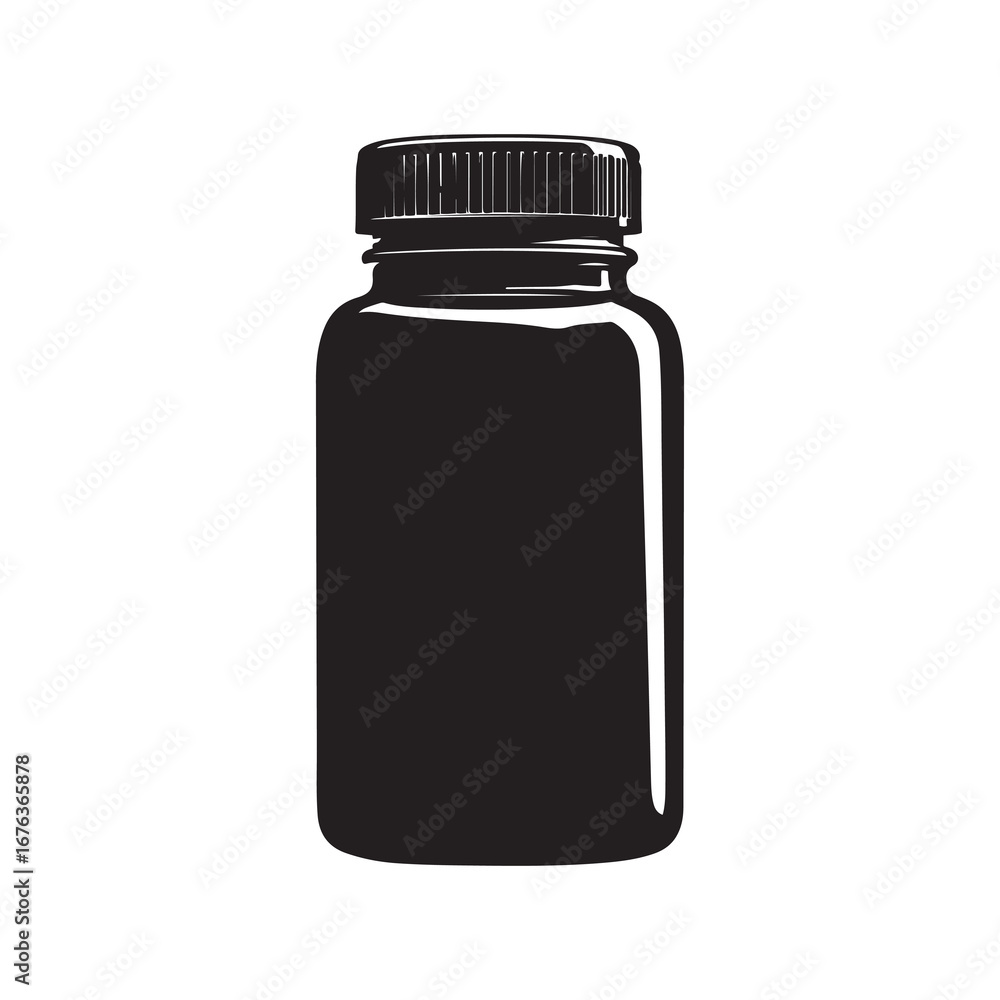 Fototapeta premium Black Glossy Plastic Bottle with Ribbed Cap Isolated on White Background