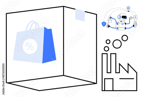 Shopping bag with discount, AI robot automating tasks, factory icon representing production. Ideal for business, retail, technology, innovation, efficiency manufacturing e-commerce. Simple flat