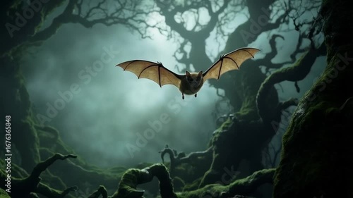A bat flying in a dark forest with gnarled trees and a misty background at nighttime scene halloween bat video