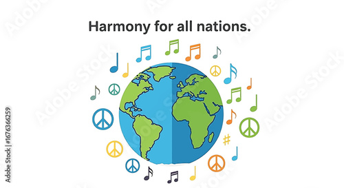 A vibrant illustration of planet Earth surrounded by musical notes and peace symbols, symbolizing global harmony and unity.