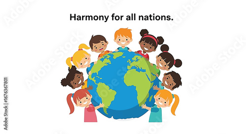 Diverse children from different nations embracing the Earth, symbolizing global harmony, peace, and unity.