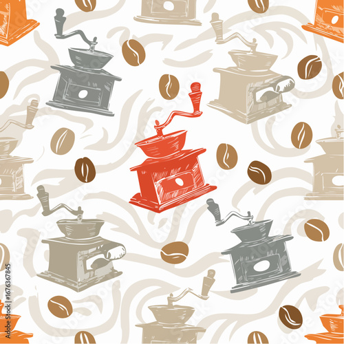 seamless vector pattern of coffee culture with mills, beans, and steam trails in espresso cream or charcoal sand tones, precise linework, repeating svg