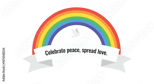 Rainbow arch with dove, banner proclaiming peace and love.