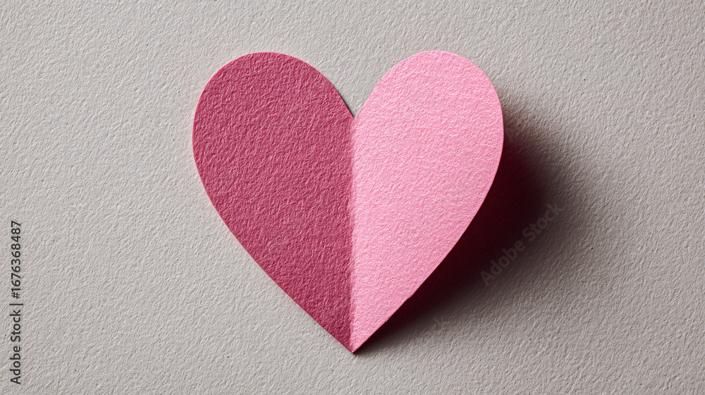 Obraz premium close-up of single solid pink paper heart shape on smooth neutral background, crisp cutout lines, minimal caring awareness with empty space