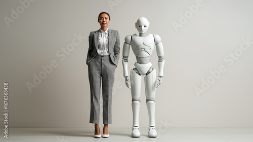 A humanoid robot AI agent and a human together as a team symbolizing agentic autonomy using future AGI superintelligence for teamwork and ASI collaboration during the singularity