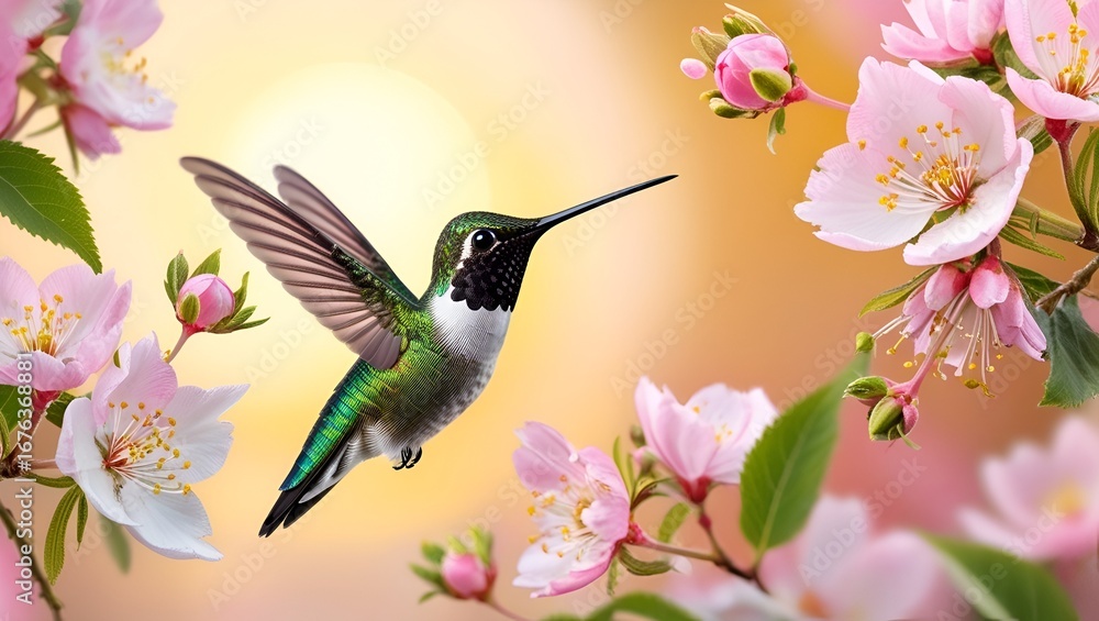 Naklejka premium A vibrant scene of a hummingbird dancing among clusters of pink blossoms, capturing the harmony of nature’s colors and elegance