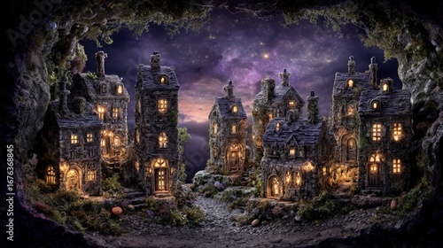 Fototapeta Naklejka Na Ścianę i Meble -  Magical Illuminated Miniature Village At Night