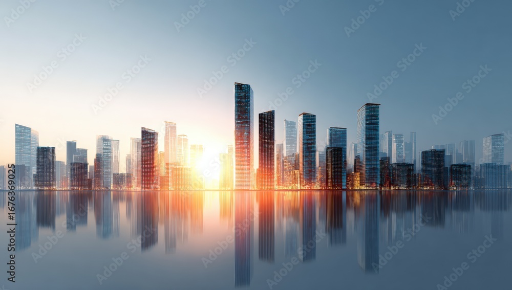 Naklejka premium Sunrise cityscape reflected on water