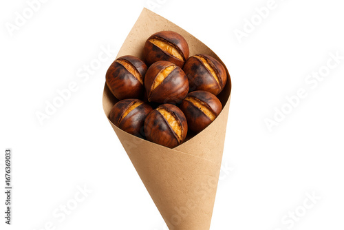 Roasted chestnuts filling a paper cone on transparent background