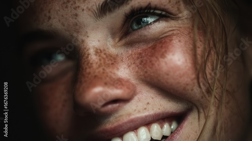 Close-up Portrait of a Woman with Freckles Smiling with Joyful Expression