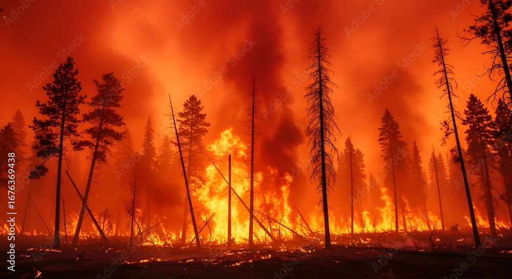 Fototapeta premium A forest consumed by flames with a red, smoky sky and scattered burning trees.