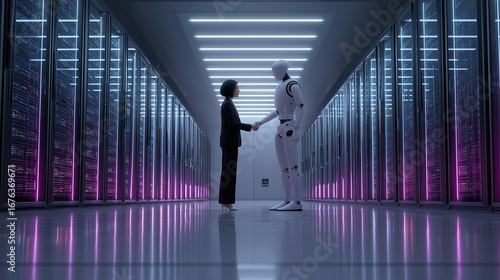 A humanoid robot AI agent and human together in a data center as a team symbolizing agentic autonomy using future AGI superintelligence for teamwork and ASI collaboration in the singularity