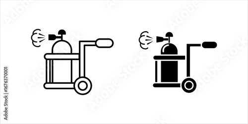 Oxygen tank or oxygen storage vessel in telescopic handle foldable trolley cart on wheels vector icon design. For medical breathing, therapy in hospital and welding, cutting work in construction site.